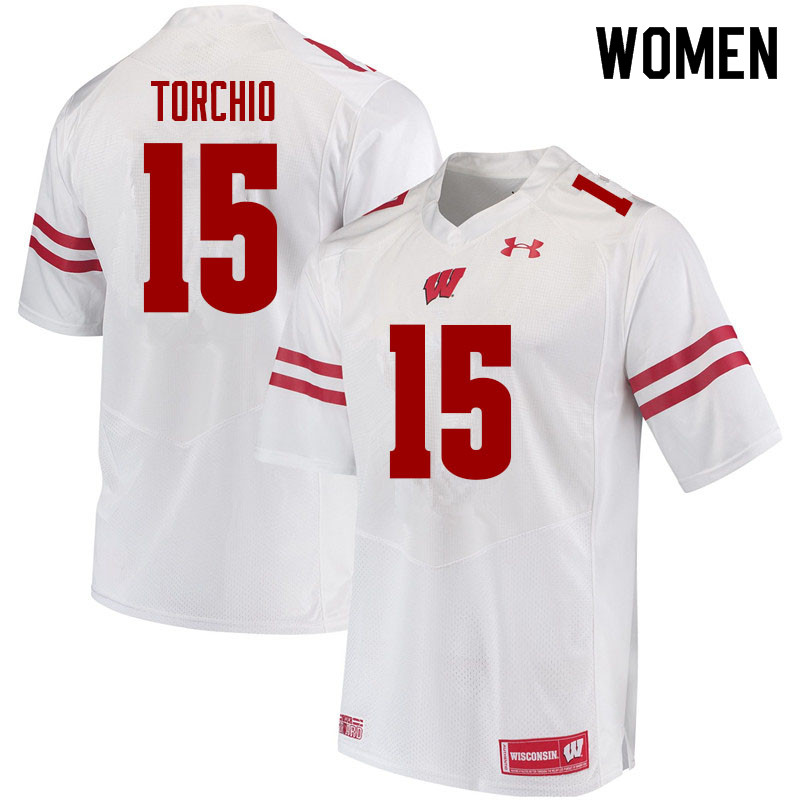 Women #15 John Torchio Wisconsin Badgers College Football Jerseys Sale-White - Click Image to Close